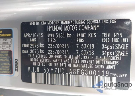 2015 Hyundai Santa Fe Sport 2.0L Turbo z USA, uszkodzony, nr VIN 5XYZUDLA8FG300119